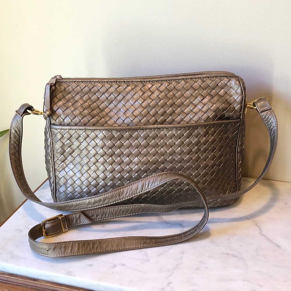 VINTAGE GANSON Woven Leather Crossbody Bag in Metallic Bronze with Gold Hardware